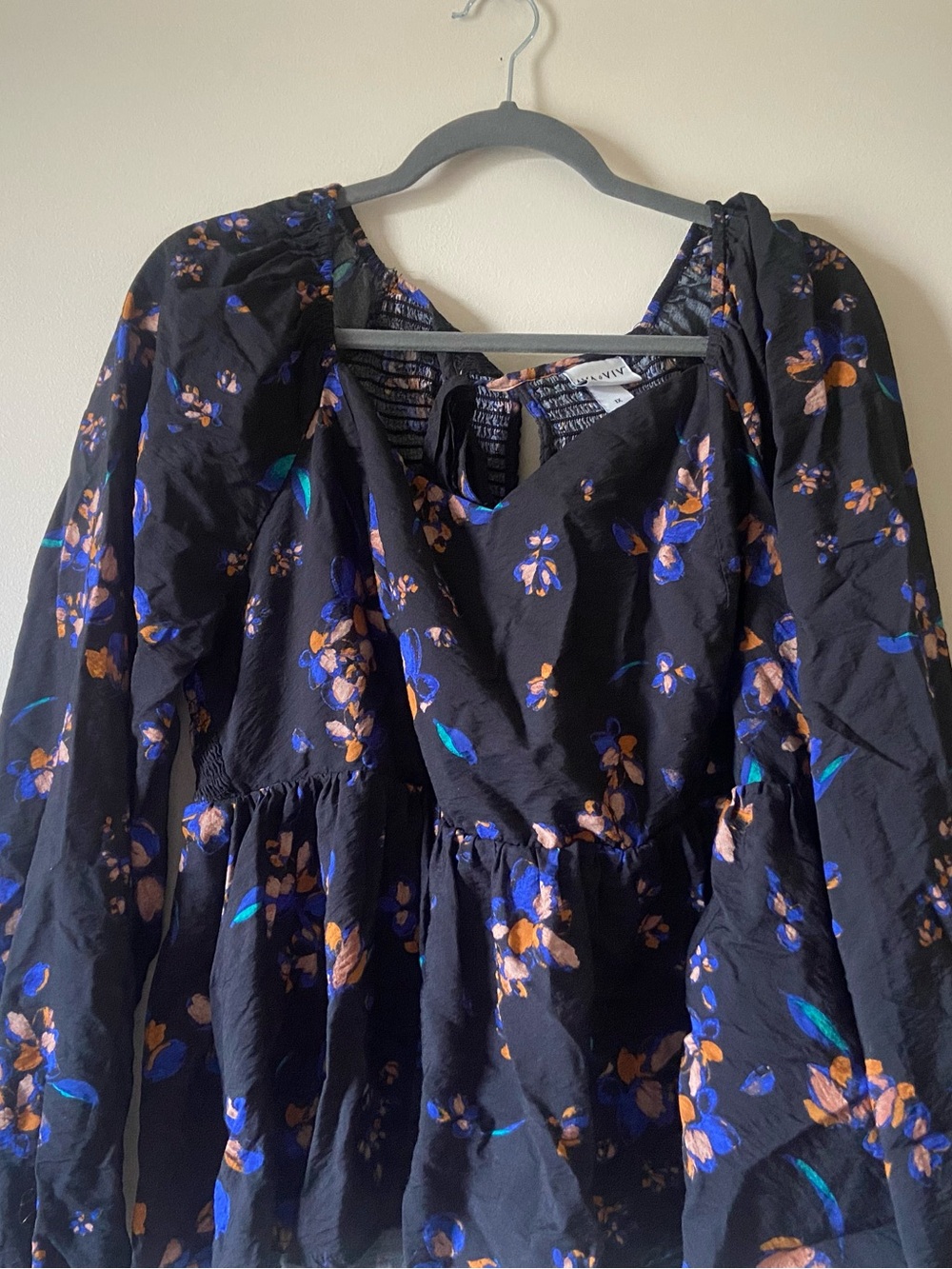 Ava & Viv Black Peasant Blouse with Blue and Orange Floral Print